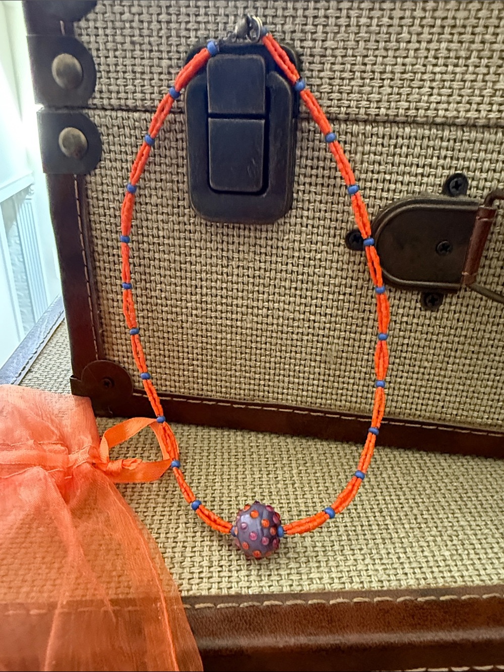 New Orange and Purple Beaded Choker Necklace & Pouch